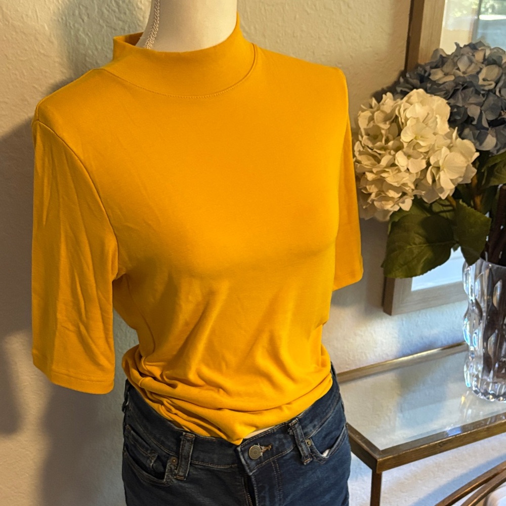 Mustard, yellow short sleeve mock neck, knit top size medium